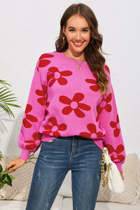 Floral Print Round Neck Dropped Shoulder Sweater - Pahabu - Women's Clothing & Shop