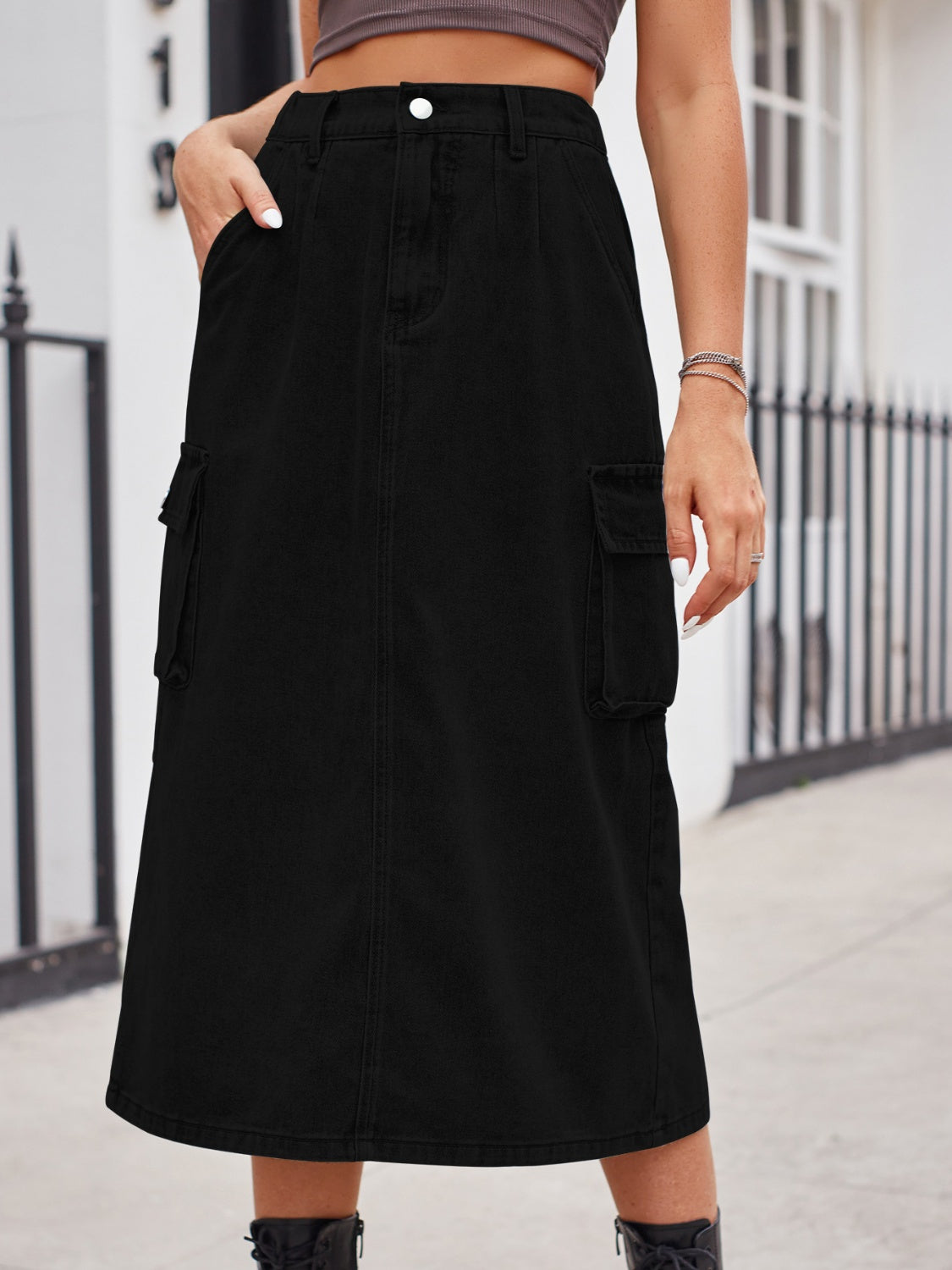Slit Buttoned Denim Skirt with Pockets - Pahabu - Women's Clothing & Shop