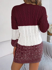 Cable-Knit Round Neck Color Block Sweater Dress - Pahabu - Women's Clothing & Shop
