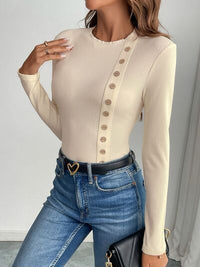 Perfee Decorative Button Round Neck Long Sleeve Bodysuit - Pahabu - Women's Clothing & Shop