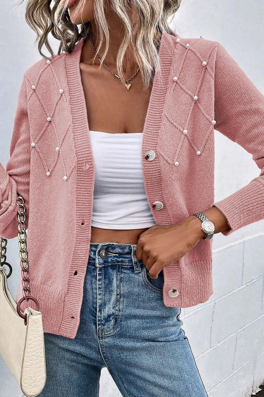 Beaded V-Neck Button Up Long Sleeve Cardigan - Pahabu - Women's Clothing & Shop