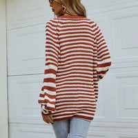 Striped Button Down Long Sleeve Cardigan - Pahabu - Women's Clothing & Shop