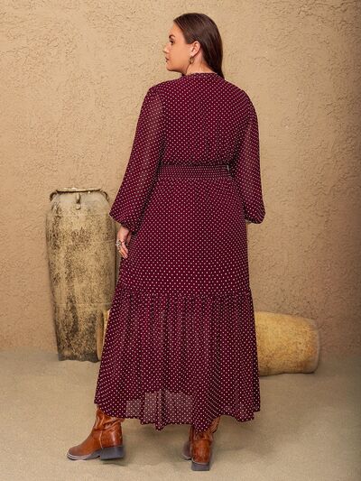 Plus Size Embroidered Polka Dot Tie Neck Long Sleeve Midi Dress - Pahabu - Women's Clothing & Shop