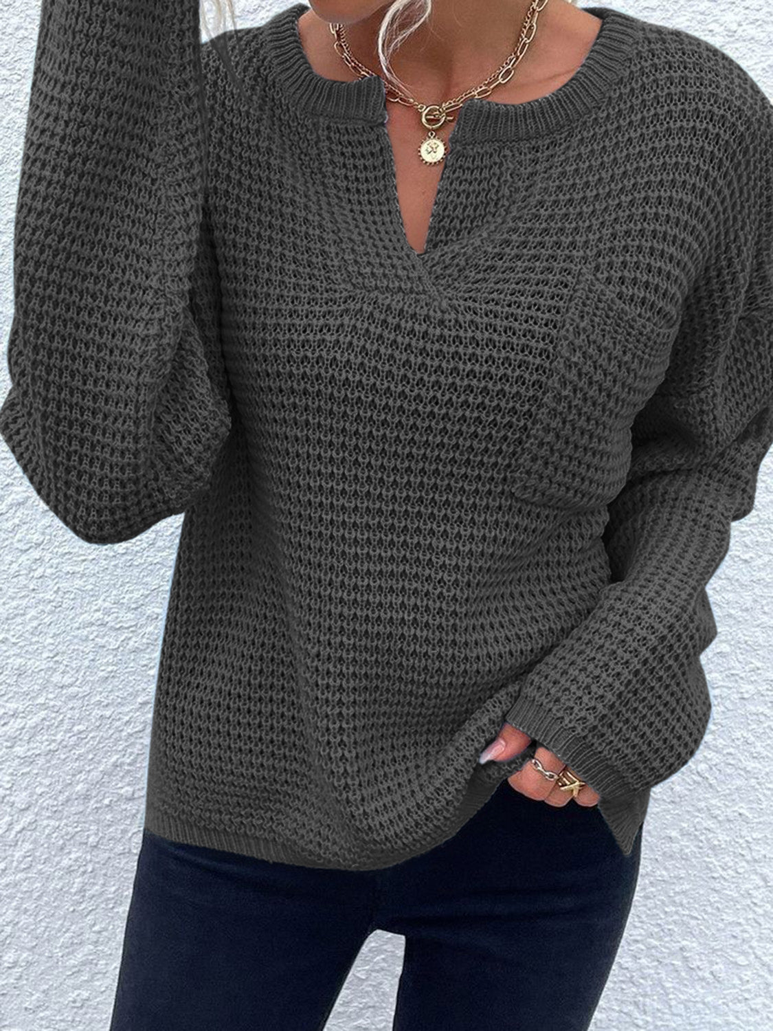 Notched Long Sleeve Sweater - Pahabu - Women's Clothing & Shop