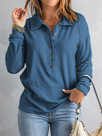 Collared Neck Half Button Top - Pahabu - Women's Clothing & Shop