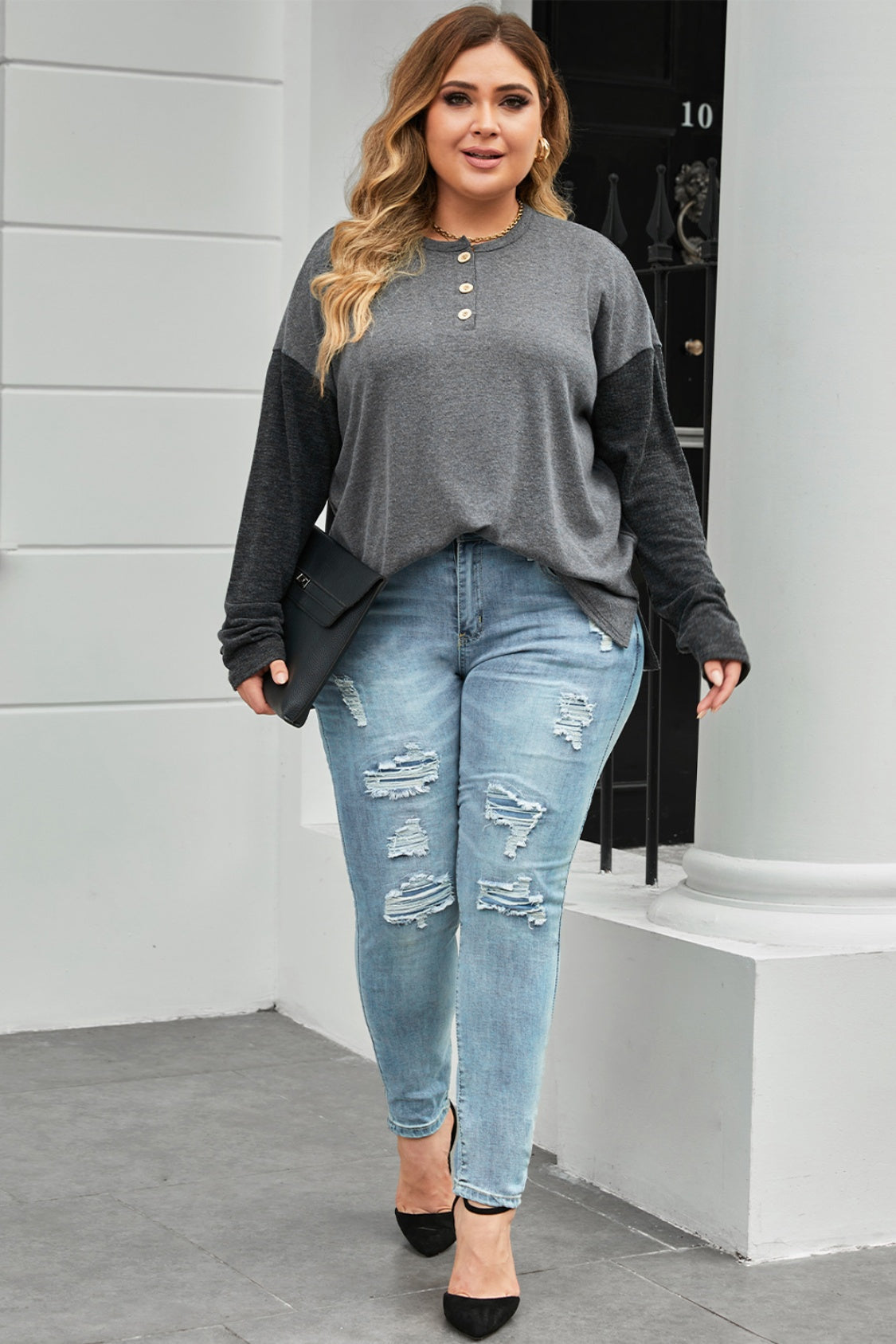 Plus Size Round Neck Long Sleeve Buttoned Blouse - Pahabu - Women's Clothing & Shop