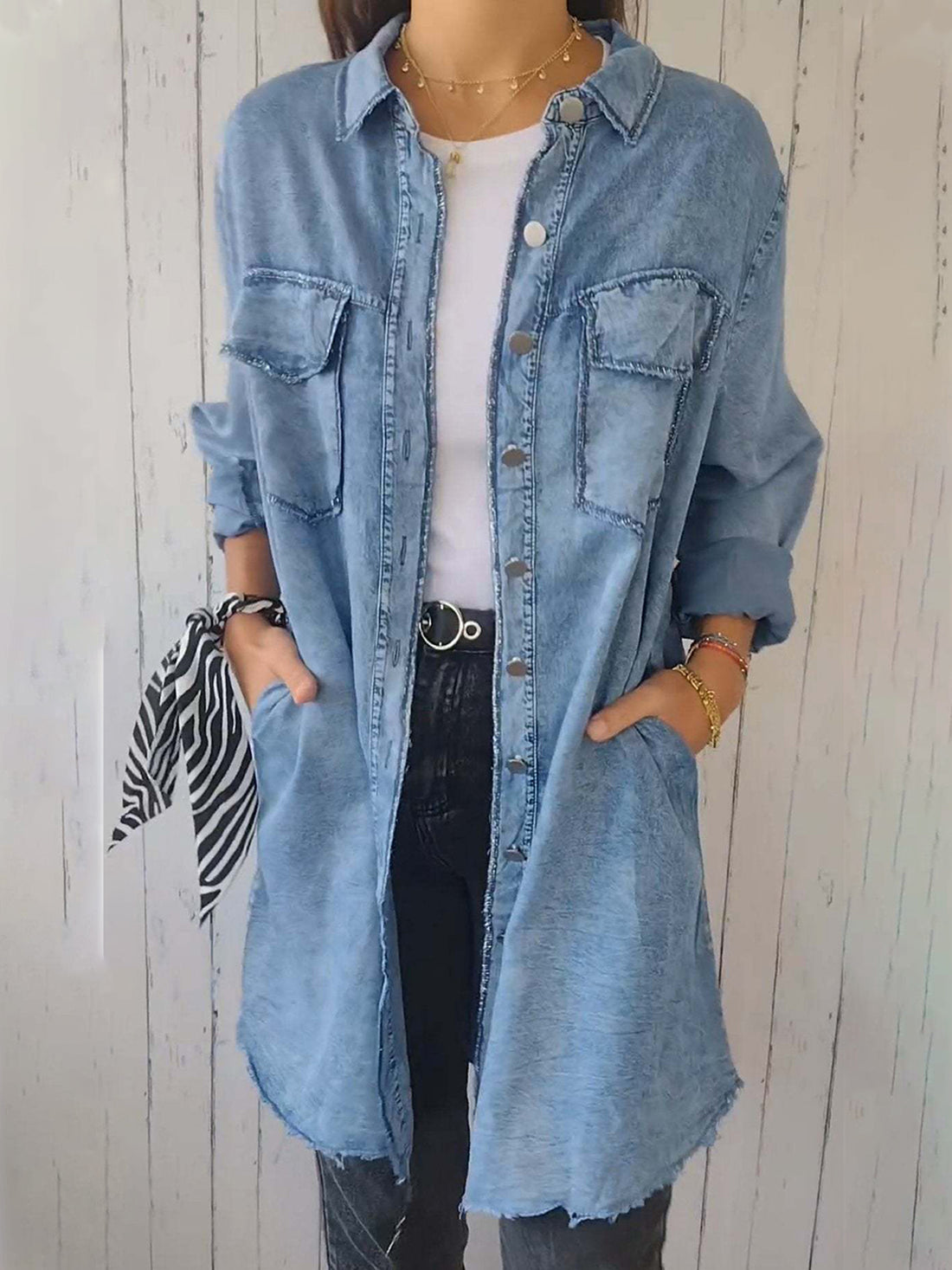 Full Size Raw Hem Button Up Long Sleeve Denim Top Plus Size - Pahabu - Women's Clothing & Shop