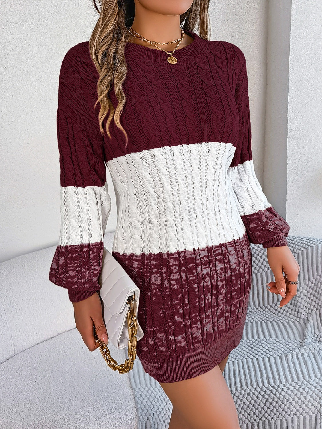 Cable-Knit Round Neck Color Block Sweater Dress - Pahabu - Women's Clothing & Shop