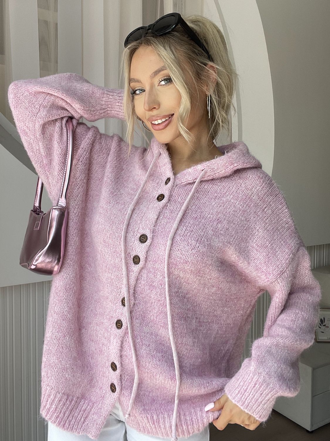 Drawstring Button Down Hooded Cardigan - Pahabu - Women's Clothing & Shop
