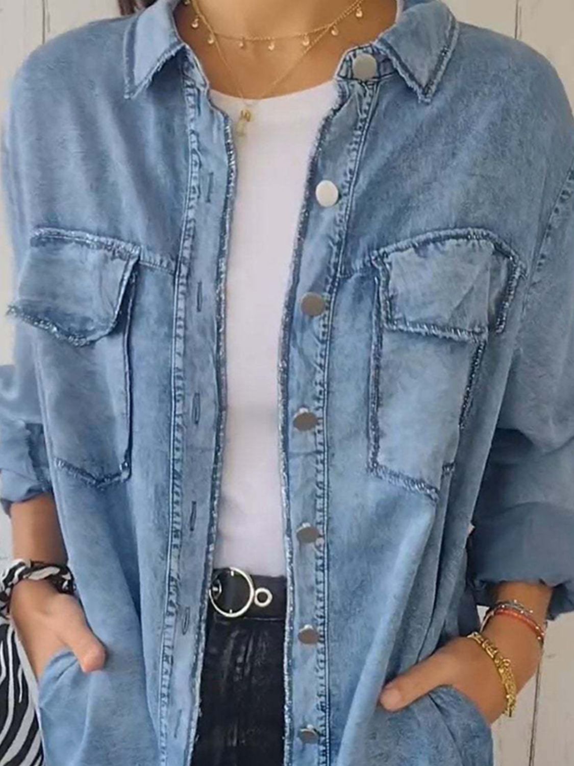 Full Size Raw Hem Button Up Long Sleeve Denim Top Plus Size - Pahabu - Women's Clothing & Shop