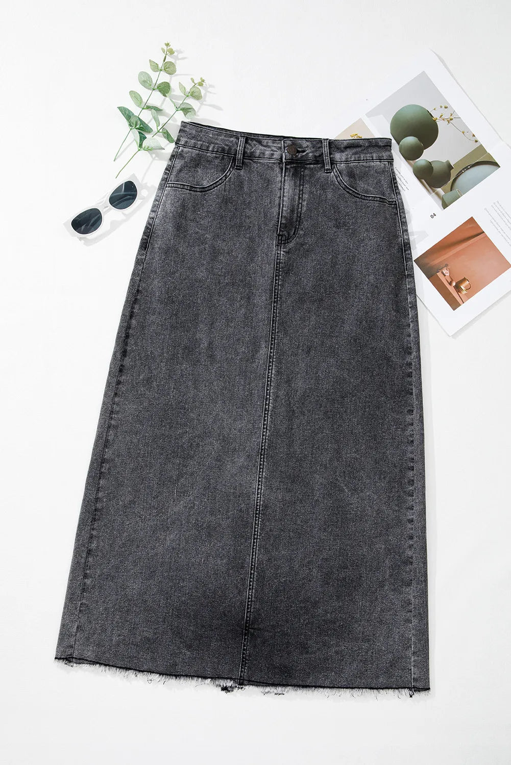 Raw Hem Midi Denim Skirt with Pockets - Pahabu - Women's Clothing & Shop
