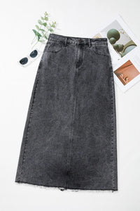 Raw Hem Midi Denim Skirt with Pockets - Pahabu - Women's Clothing & Shop