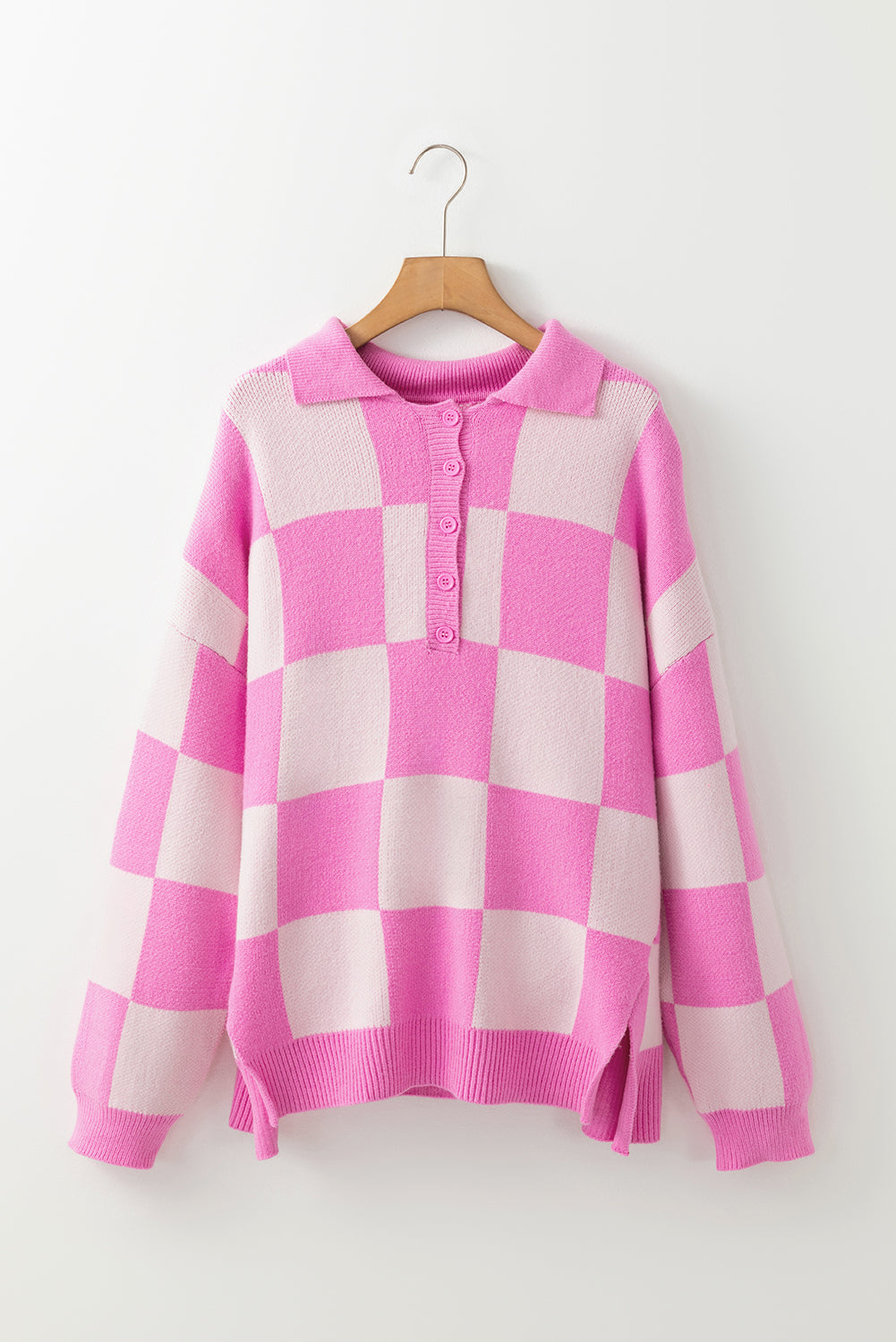 Slit Checkered Half Button Long Sleeve Sweater - Pahabu - Women's Clothing & Shop