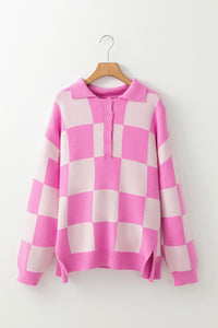 Slit Checkered Half Button Long Sleeve Sweater - Pahabu - Women's Clothing & Shop