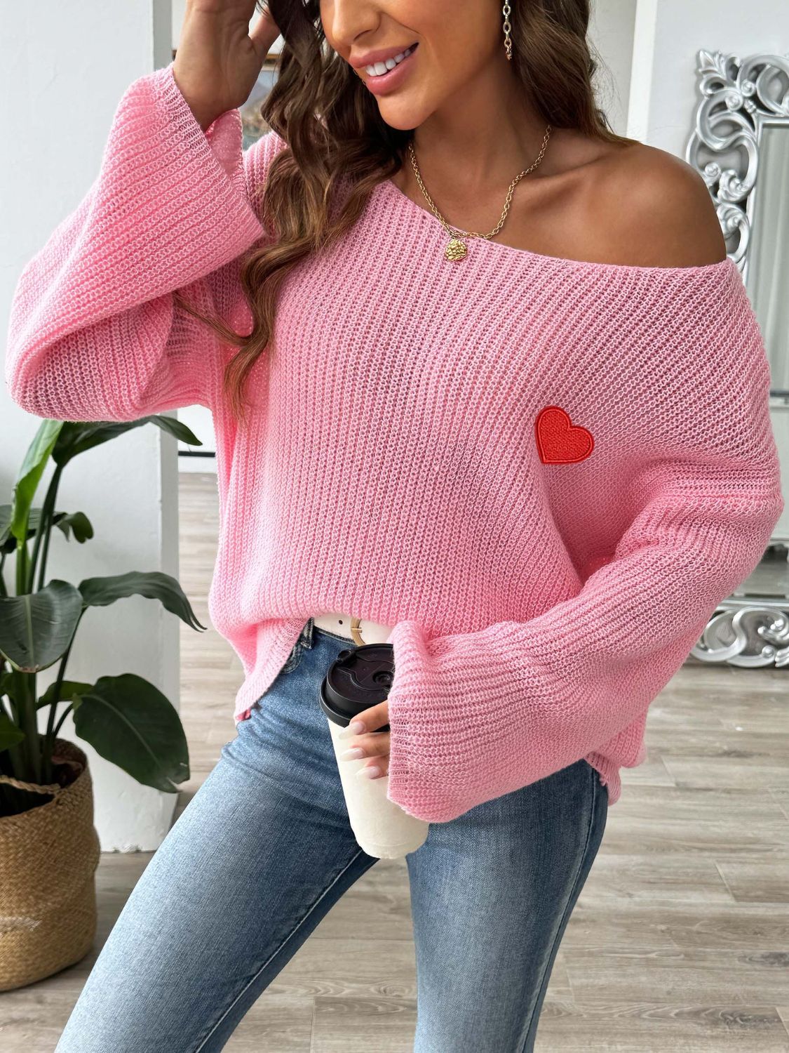 Heart Boat Neck Dropped Shoulder Sweater - Pahabu - Women's Clothing & Shop
