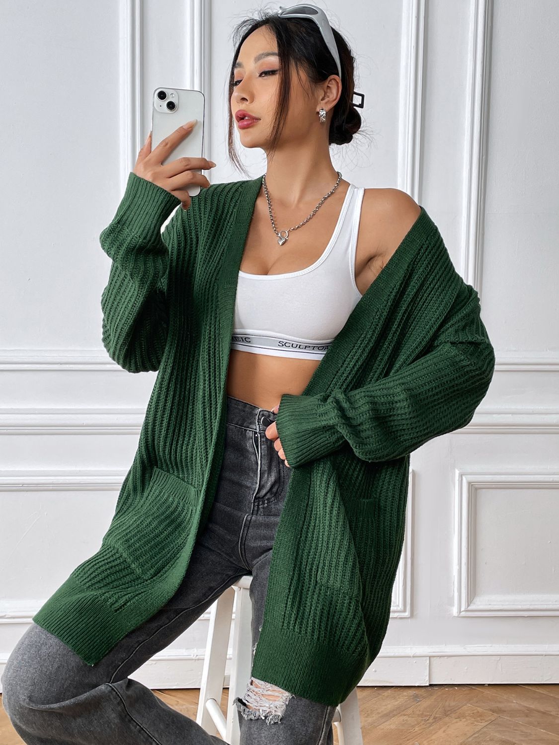 Open Front Long Sleeve Cardigan - Pahabu - Women's Clothing & Shop