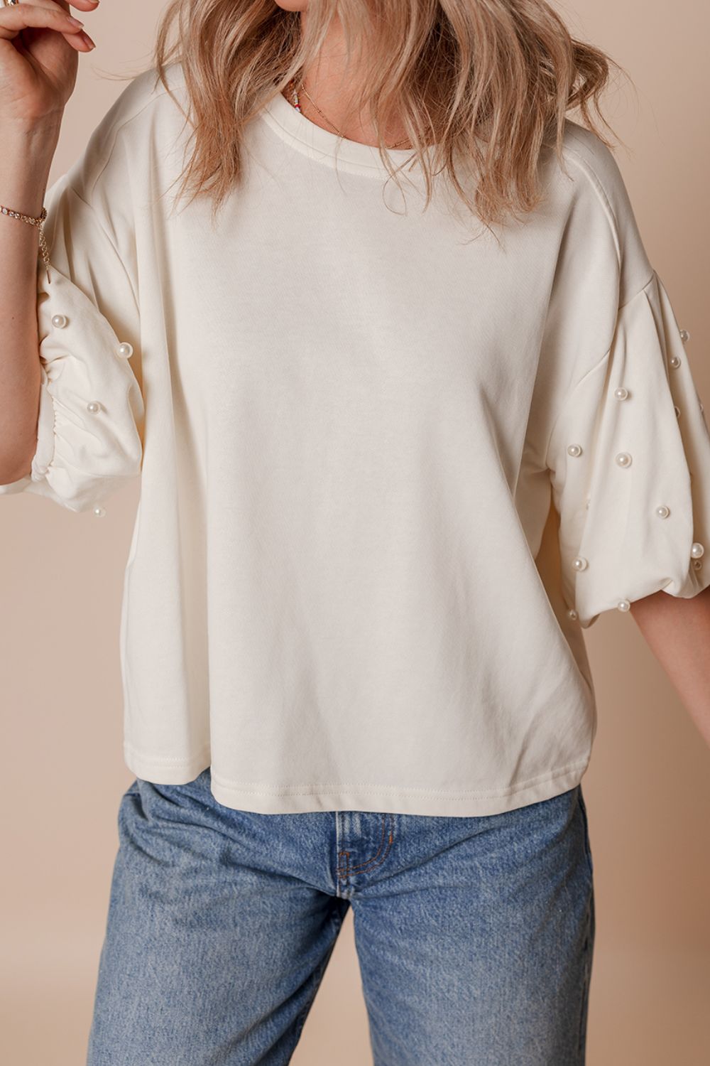Pearl Detail Round Neck Half Sleeve Blouse - Pahabu - Women's Clothing & Shop