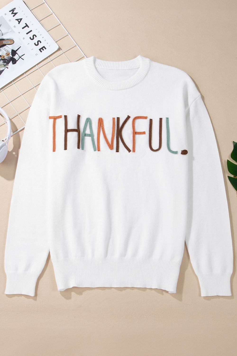 THANKFUL Round Neck Drop Shoulder Sweater - Pahabu - Women's Clothing & Shop