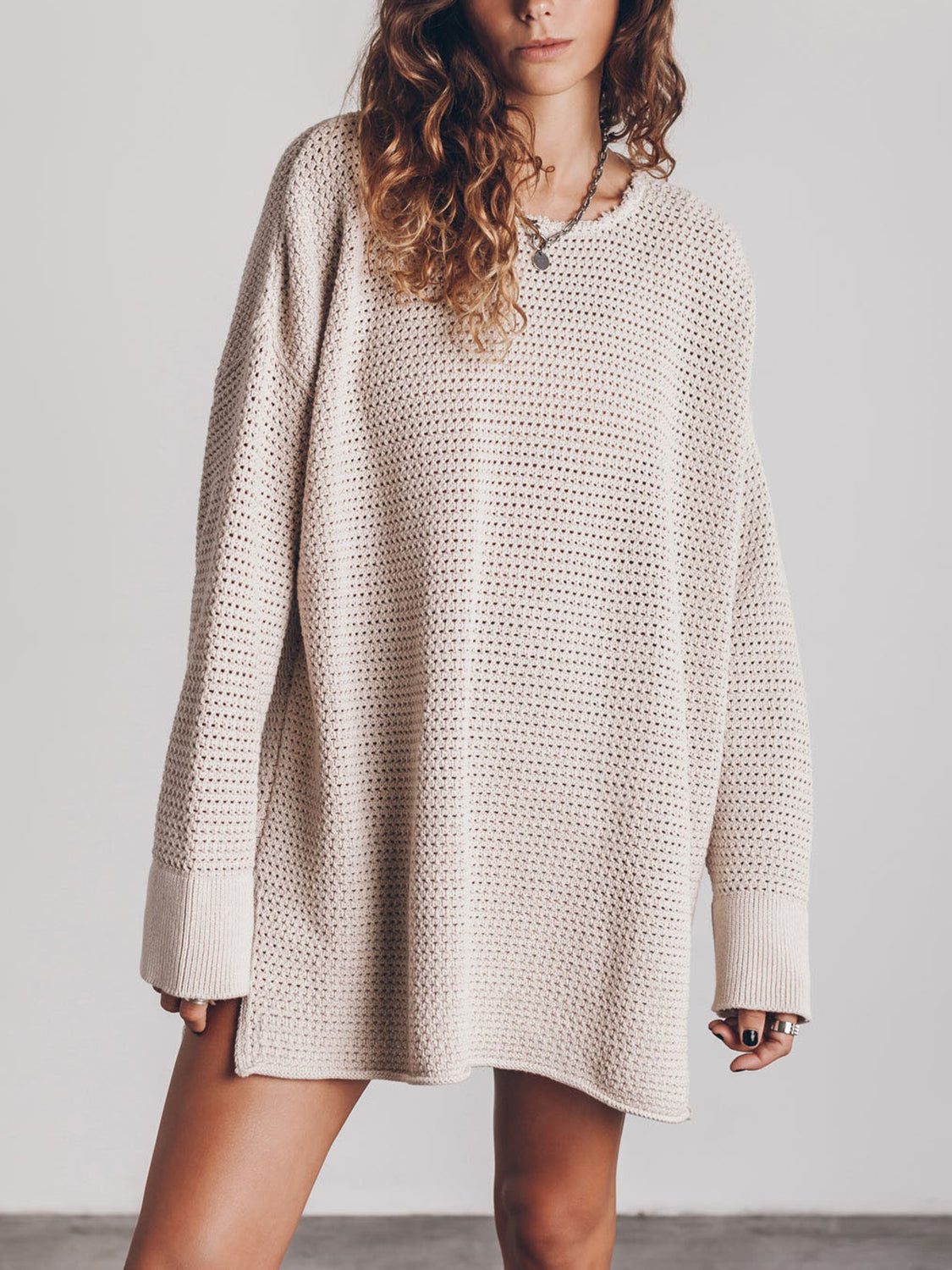 Openwork Round Neck Long Sleeve Slit Sweater - Pahabu - Women's Clothing & Shop