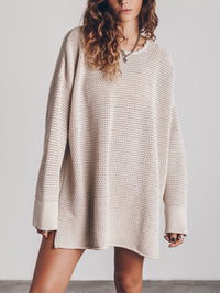 Openwork Round Neck Long Sleeve Slit Sweater - Pahabu - Women's Clothing & Shop