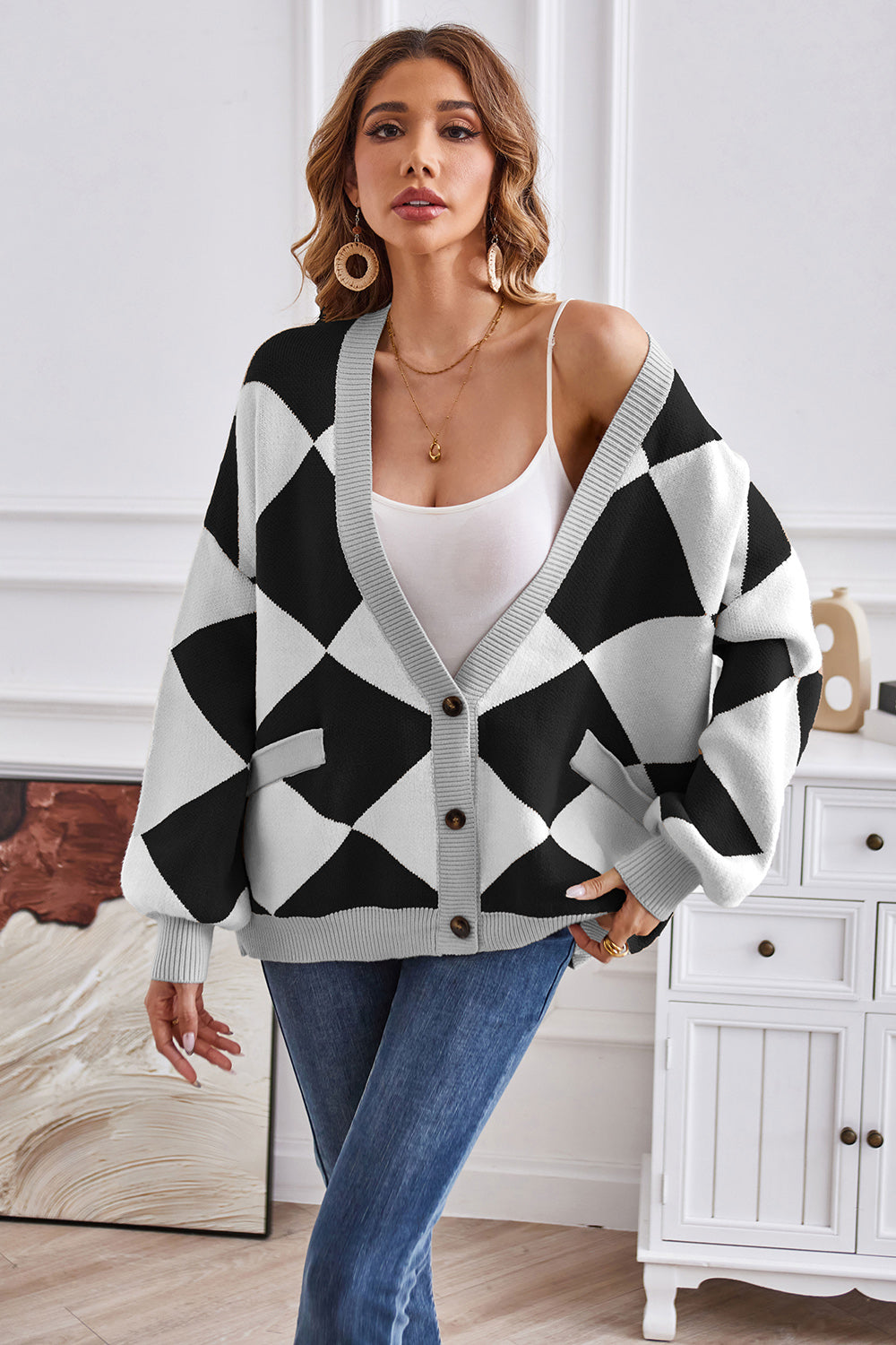 Geometric Lantern Sleeve Cardigan with Pockets - Pahabu - Women's Clothing & Shop