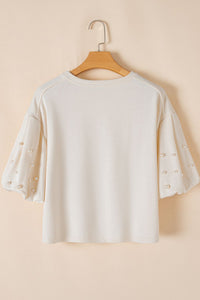 Pearl Detail Round Neck Half Sleeve Blouse - Pahabu - Women's Clothing & Shop