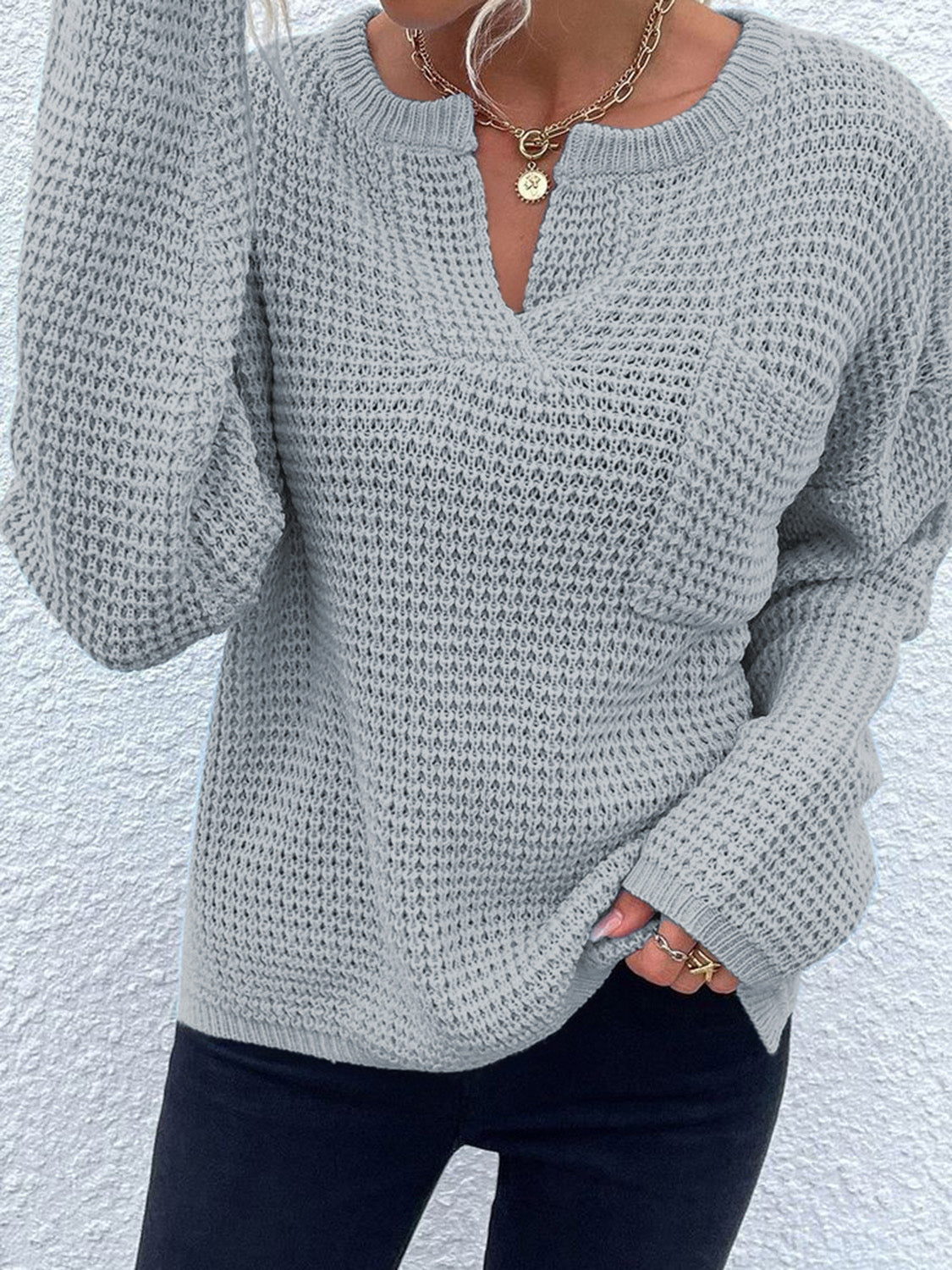 Notched Long Sleeve Sweater - Pahabu - Women's Clothing & Shop