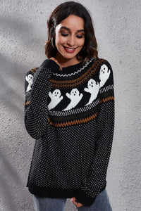 Ghost Pattern Round Neck Long Sleeve Sweater - Pahabu - Women's Clothing & Shop