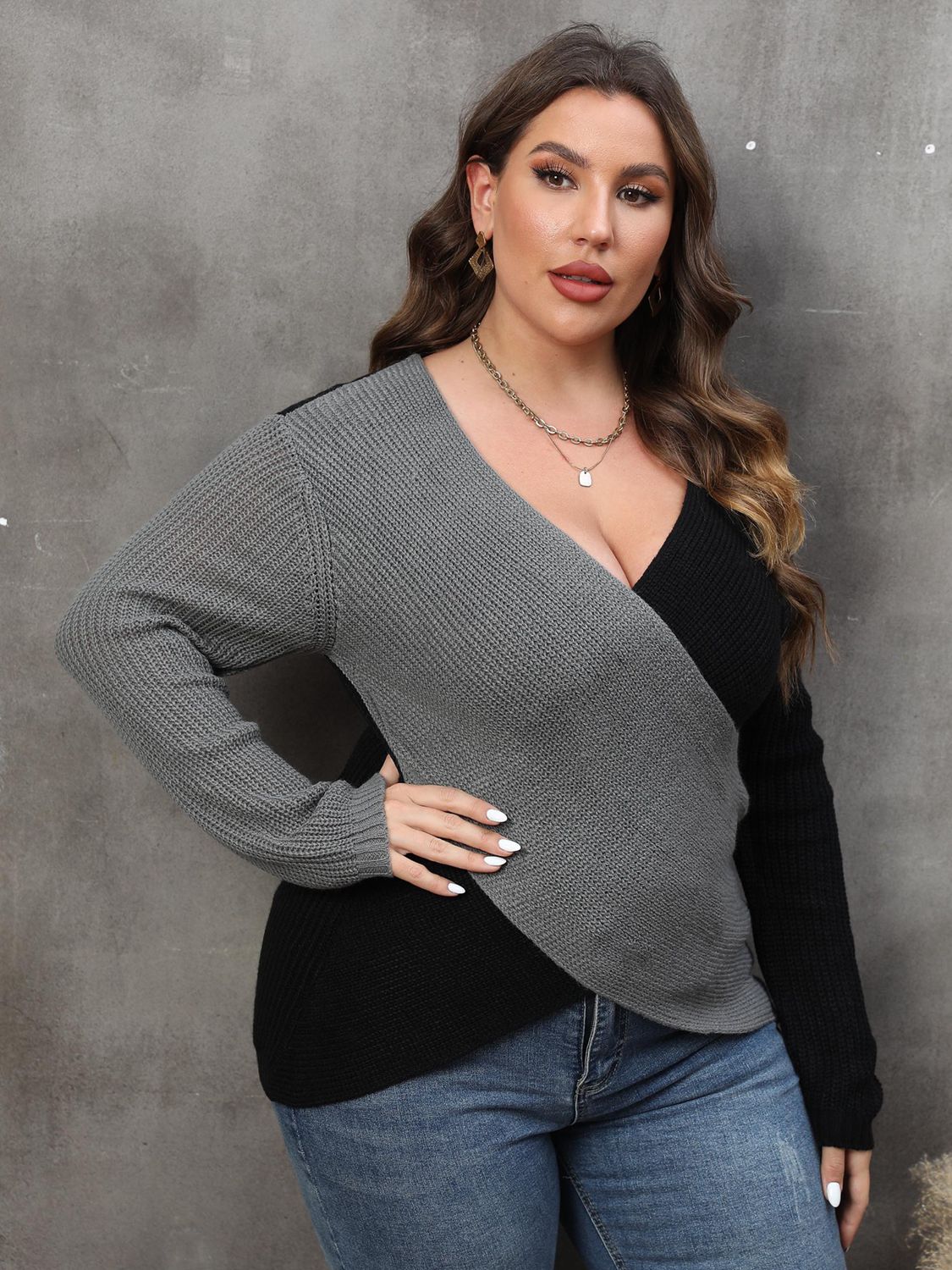 Plus Size Two-Tone Surplice Neck Sweater - Pahabu - Women's Clothing & Shop