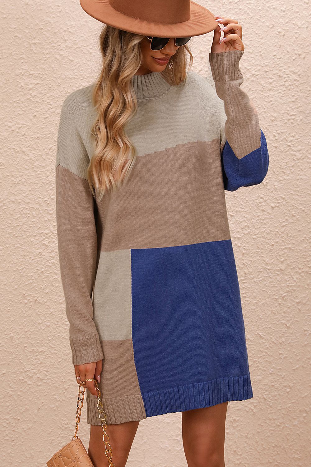 Color Block Mock Neck Dropped Shoulder Sweater Dress - Pahabu - Women's Clothing & Shop