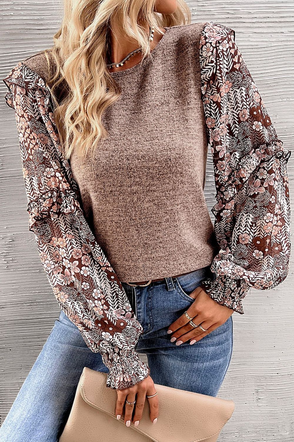 Heathered Floral Frill Lantern Sleeve Blouse - Pahabu - Women's Clothing & Shop