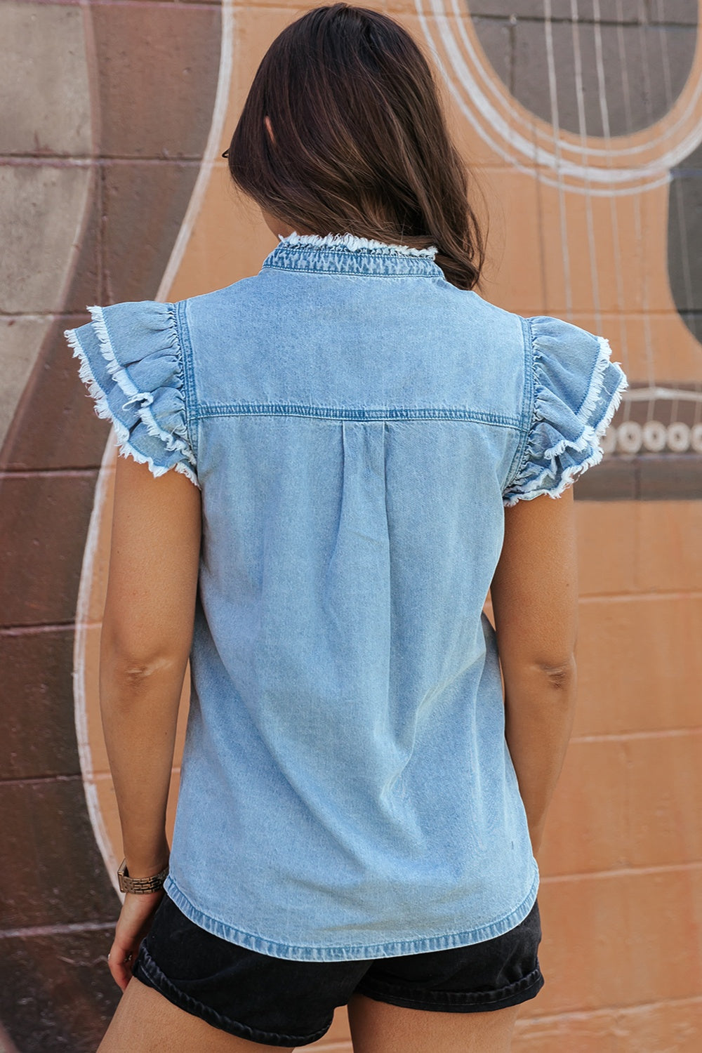 Raw Hem Button Up Cap Sleeve Denim Top - Pahabu - Women's Clothing & Shop