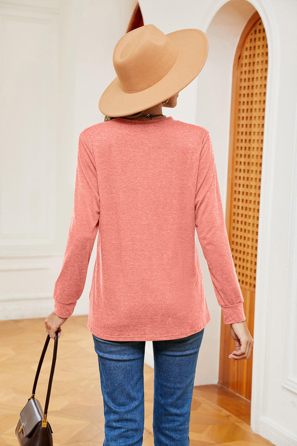 Buttoned Notched Neck Long Sleeve Top - Pahabu - Women's Clothing & Shop