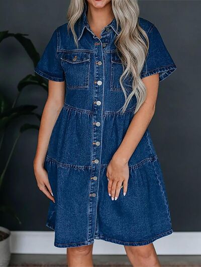Pocketed Button Up Collared Neck Short Sleeve Denim Dress - Pahabu - Women's Clothing & Shop