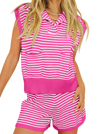 Striped Cap Sleeve Top and Shorts Sweater Set - Pahabu - Women's Clothing & Shop