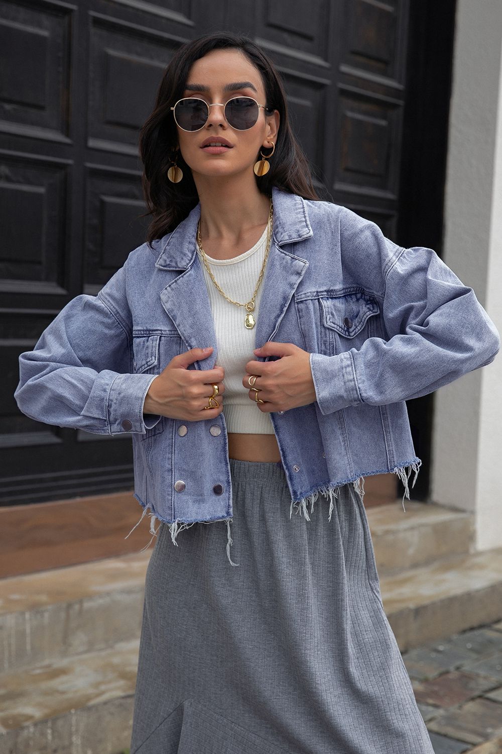 Lapel Collar Long Sleeve Denim Jacket - Pahabu - Women's Clothing & Shop