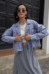 Lapel Collar Long Sleeve Denim Jacket - Pahabu - Women's Clothing & Shop