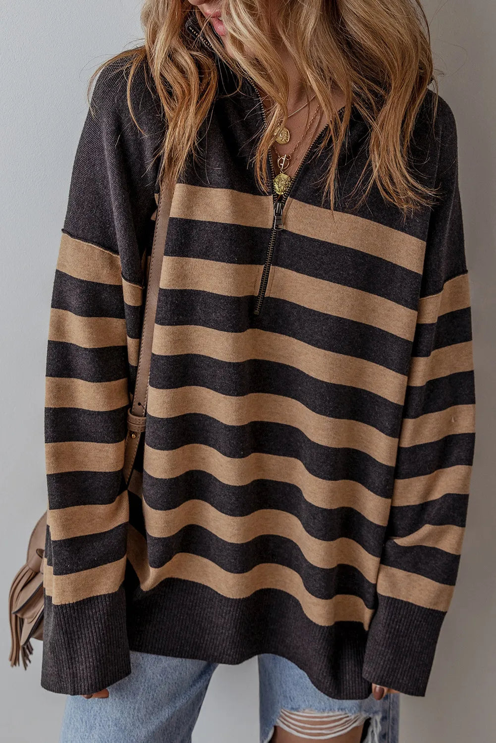 Striped Half Zip Long Sleeve Knit Top - Pahabu - Women's Clothing & Shop