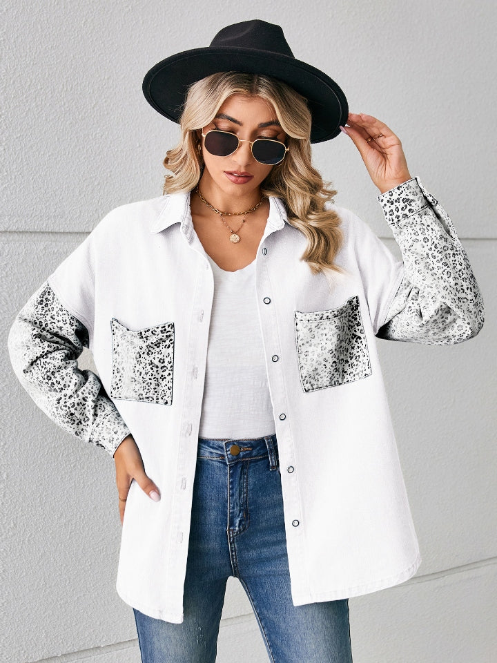 Leopard Button Up Denim Jacket - Pahabu - Women's Clothing & Shop