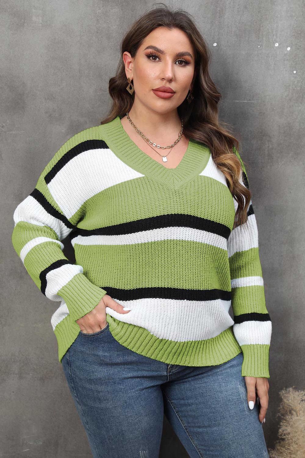 Plus Size Striped V-Neck Dropped Shoulder Sweater - Pahabu - Women's Clothing & Shop