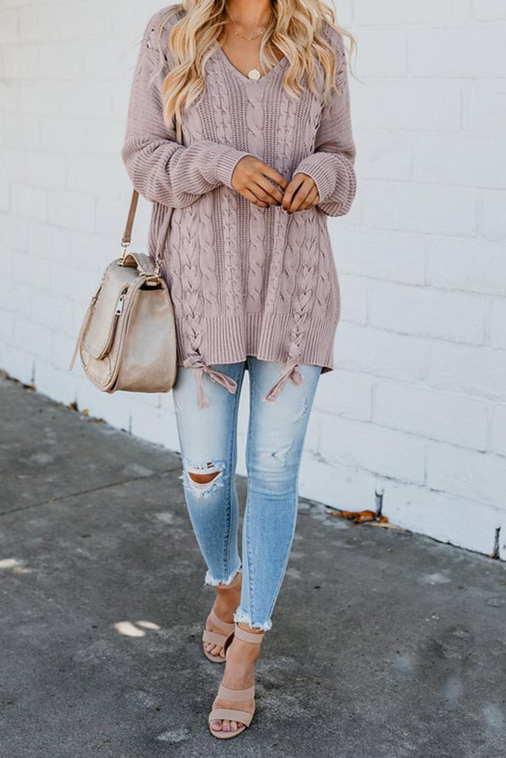 Cable Knit Lace Up V-Neck Sweater - Pahabu - Women's Clothing & Shop