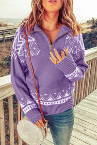 Zip-Up Mock Neck Dropped Shoulder Pullover Sweater - Pahabu - Women's Clothing & Shop