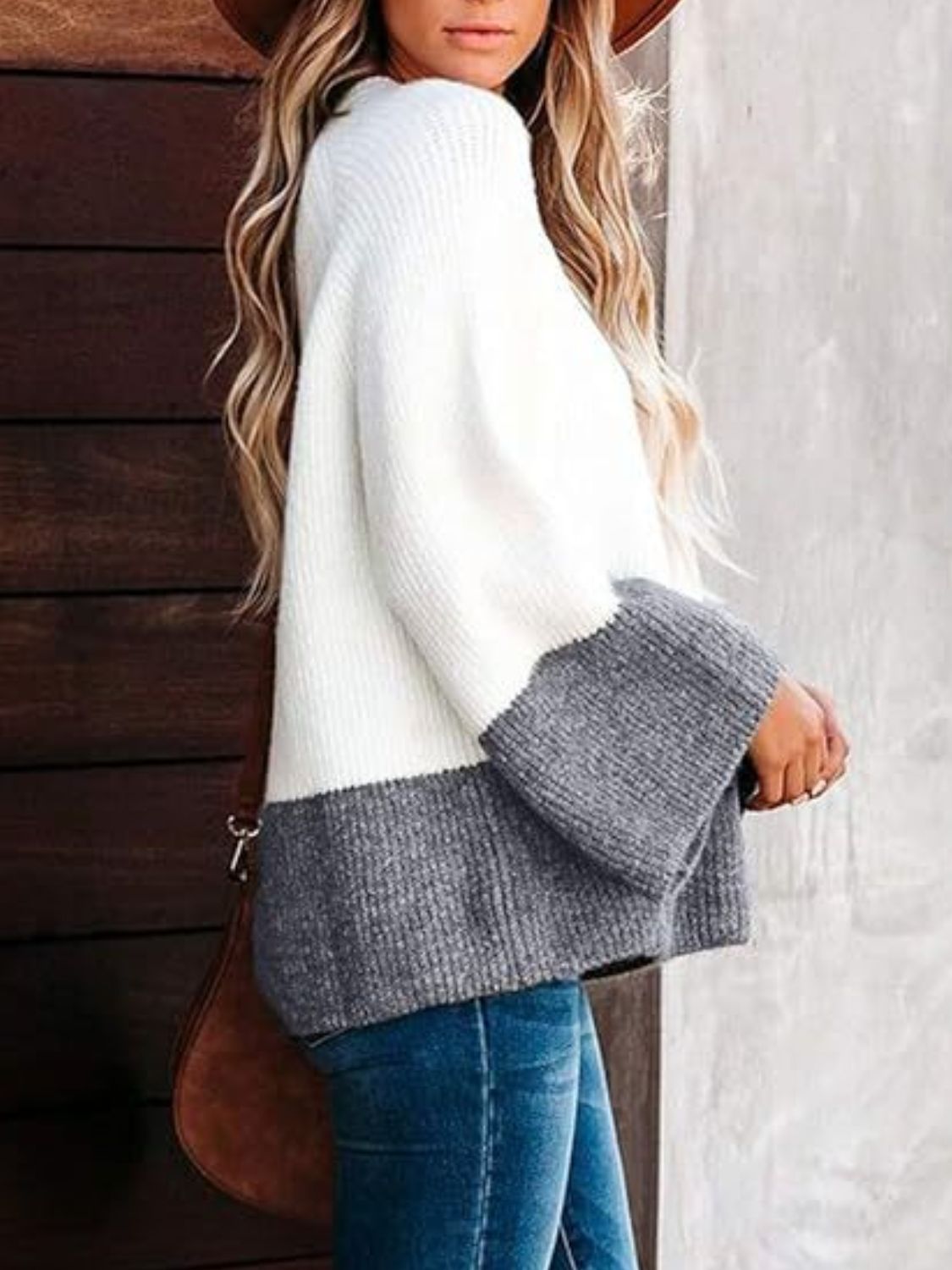 Contrast Round Neck Long Sleeve Sweater - Pahabu - Women's Clothing & Shop