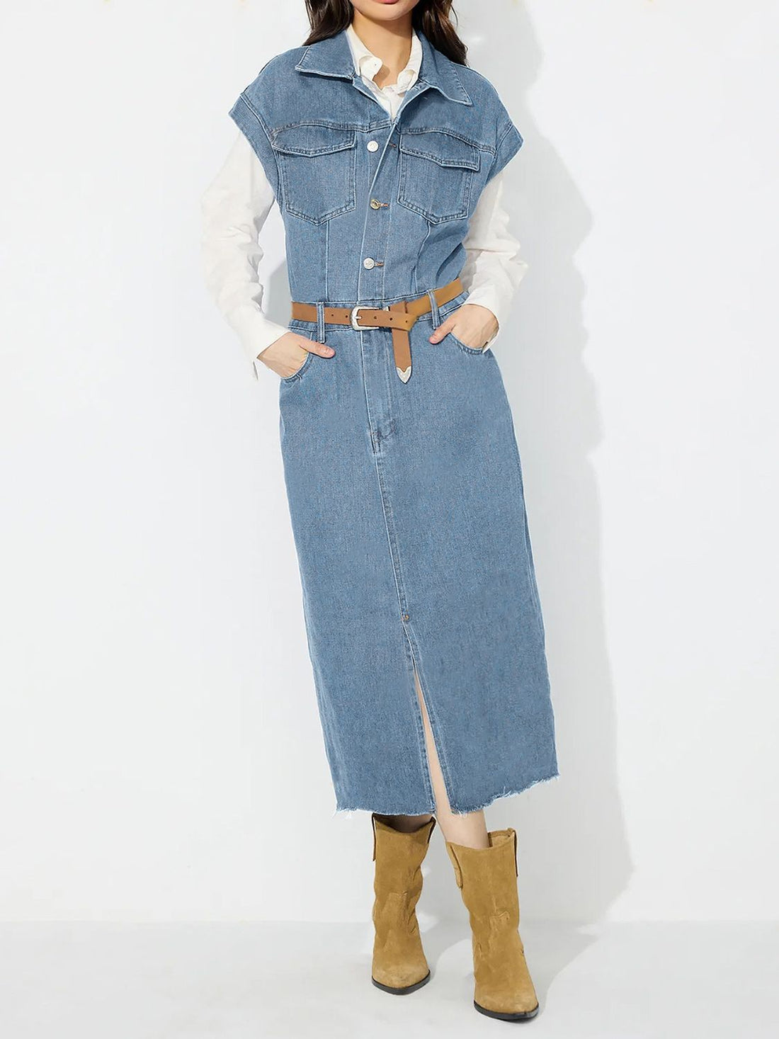Slit Half Button Collared Neck Cap Sleeve Denim Dress - Pahabu - Women's Clothing & Shop
