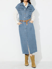 Slit Half Button Collared Neck Cap Sleeve Denim Dress - Pahabu - Women's Clothing & Shop