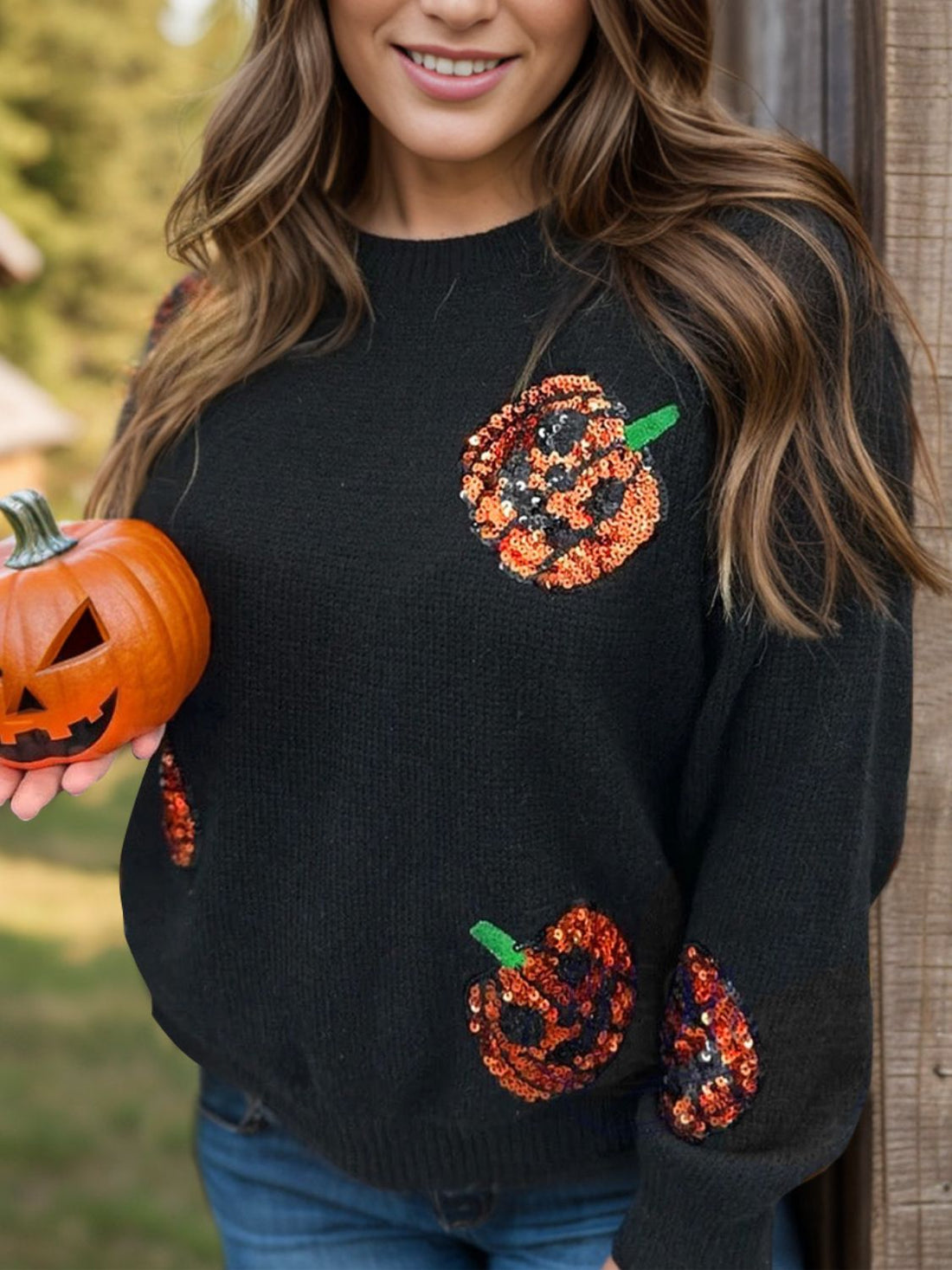 Plus Size Sequin Pumpkin Round Neck Sweater - Pahabu - Women's Clothing & Shop