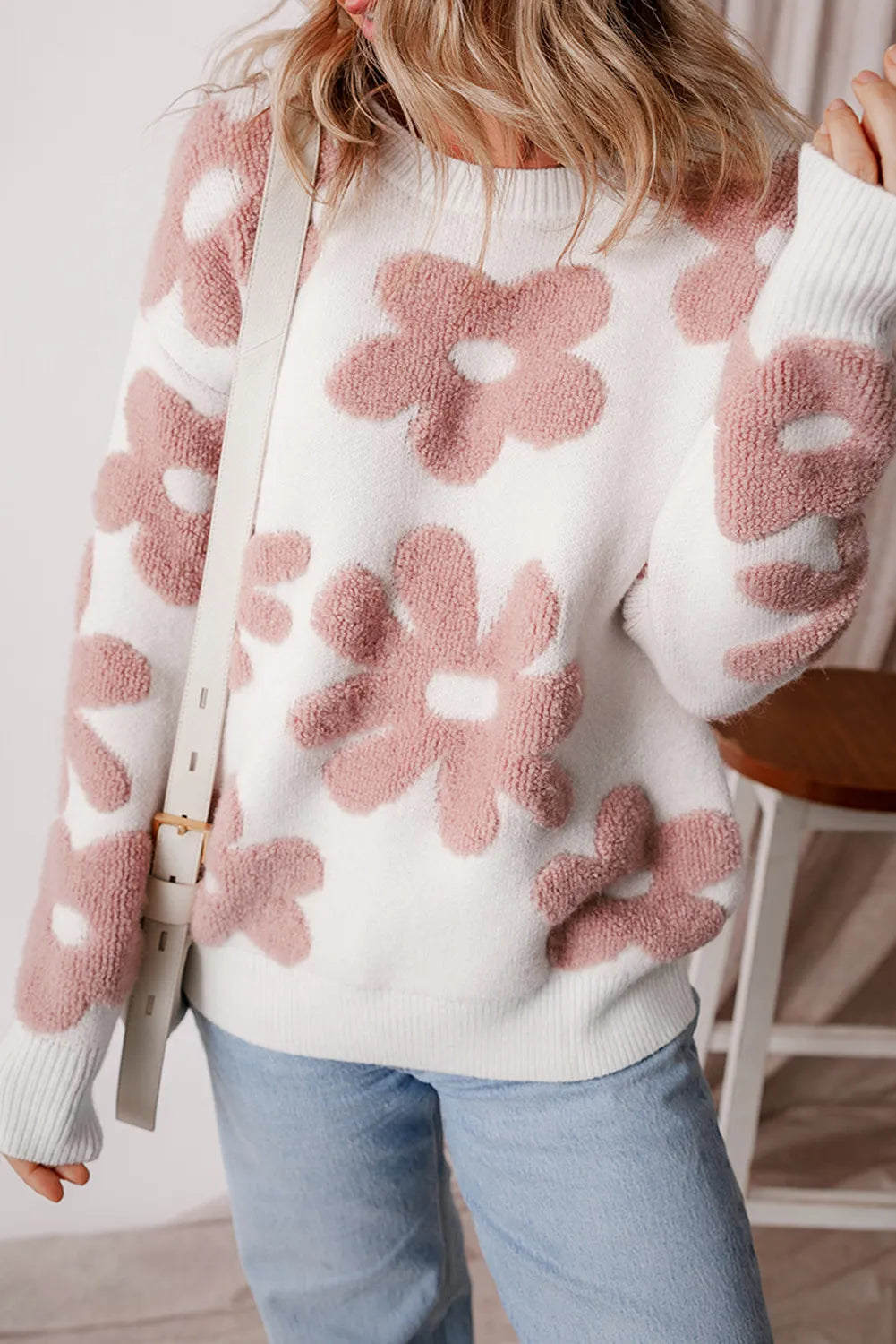 Flower Round Neck Long Sleeve Knit Top - Pahabu - Women's Clothing & Shop