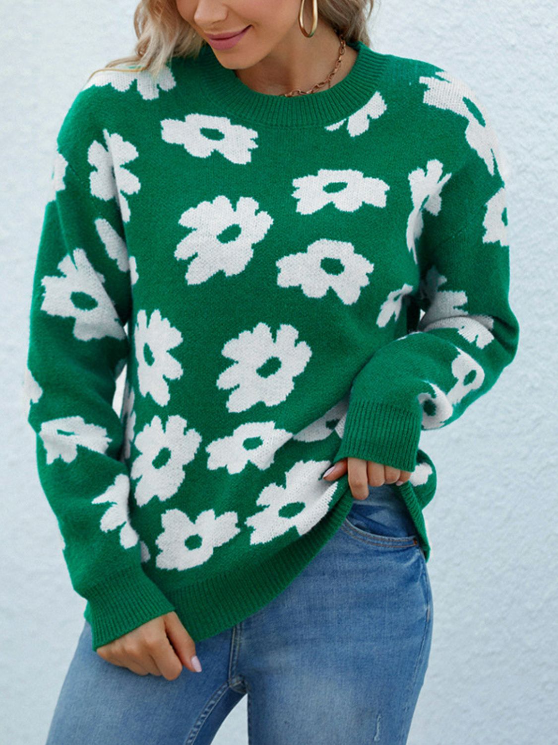Floral Round Neck Sweater - Pahabu - Women's Clothing & Shop