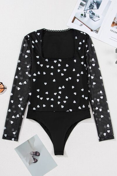 Heart Square Neck Long Sleeve Bodysuit - Pahabu - Women's Clothing & Shop