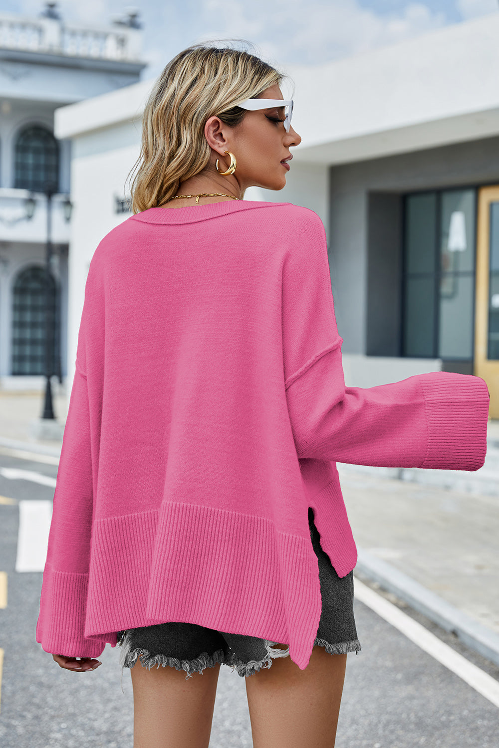 High-Low Slit Round Neck Long Sleeve Sweater - Pahabu - Women's Clothing & Shop